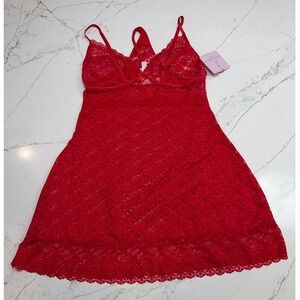 Bed of Roses 2 Pc Lingerie Lace Red Full Coverage Chemise  w/ Thong Size L NWT